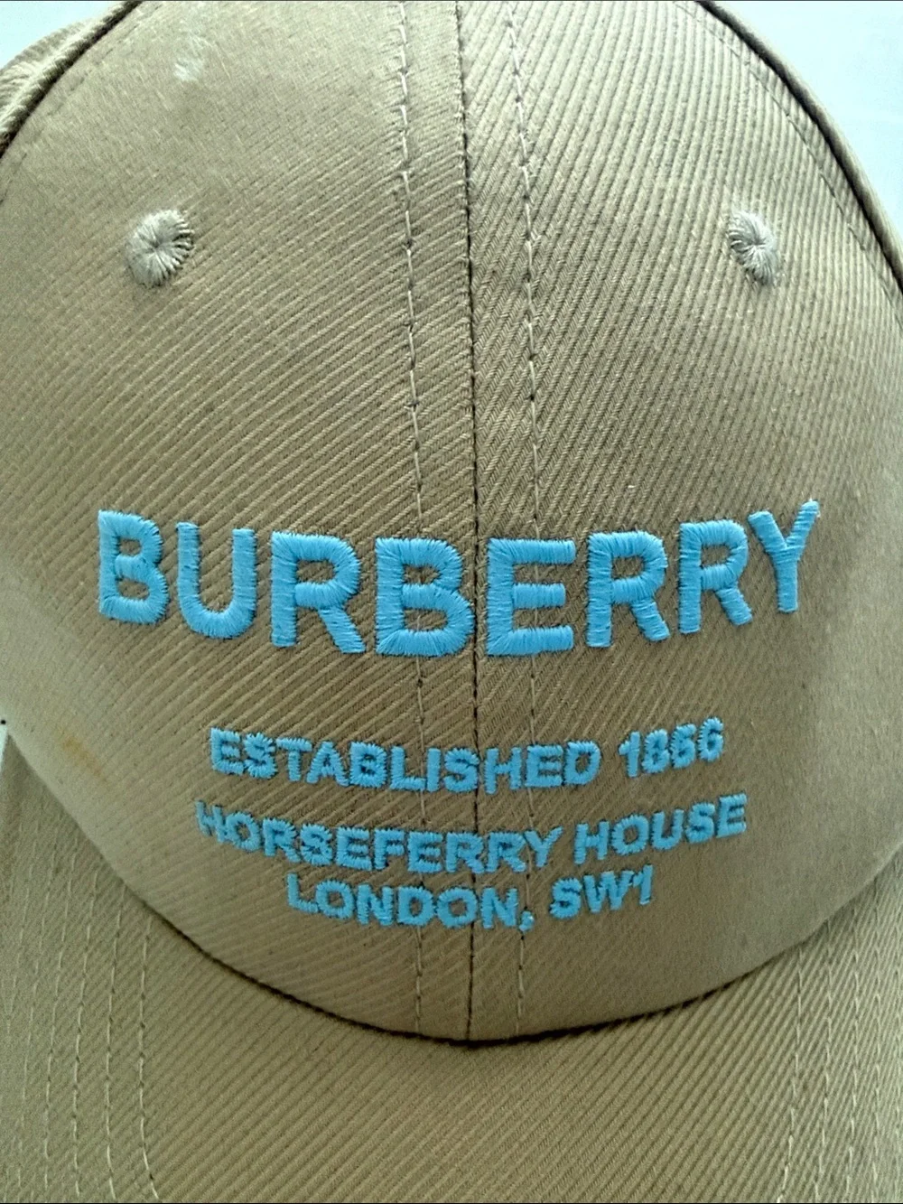 Burberry Khaki Baseball Cap with Light Blue Embroidered Logo